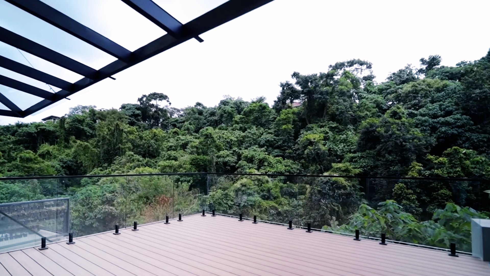 Roof deck with glass railing overlooking forest canopy