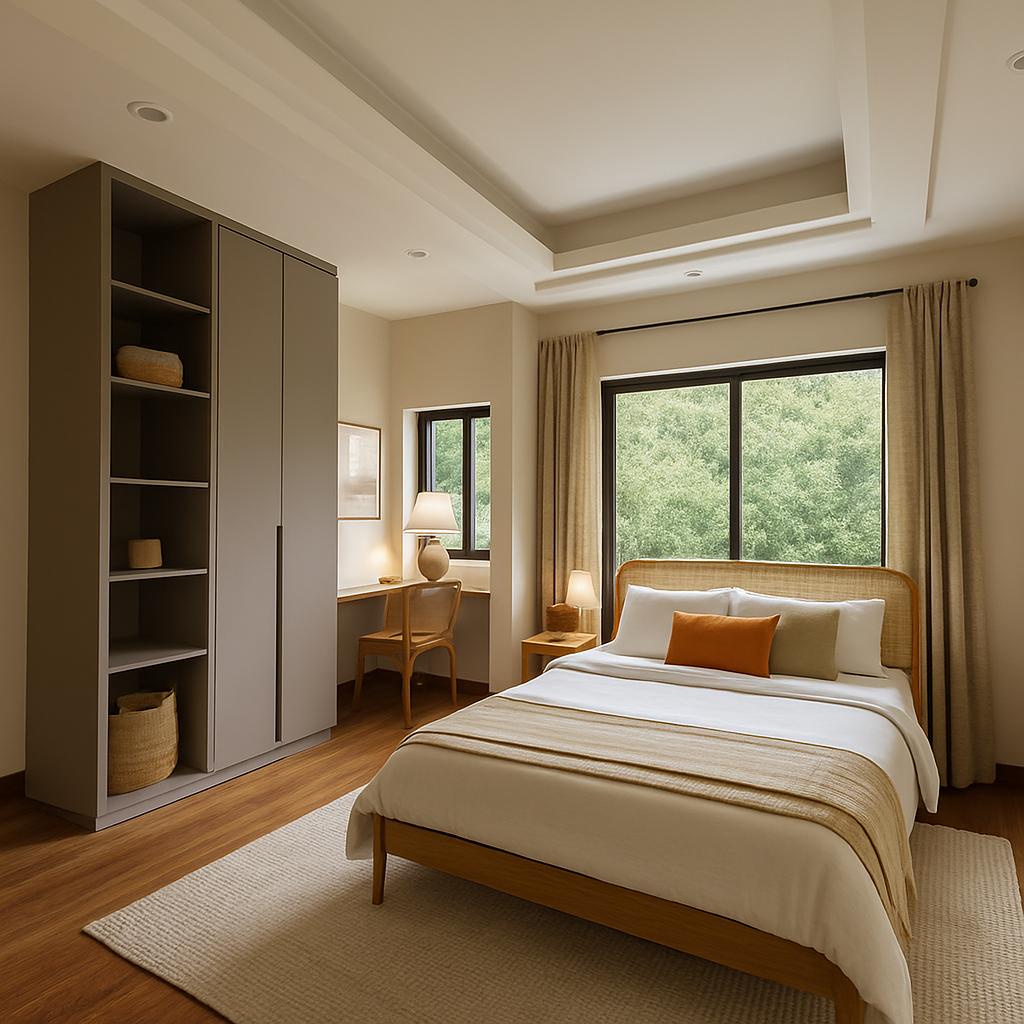 Artist's perspective — bedroom with forest view and study nook