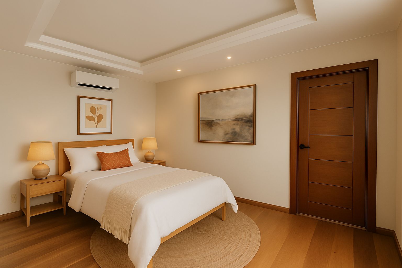 Artist's perspective — primary bedroom with warm wood finishes