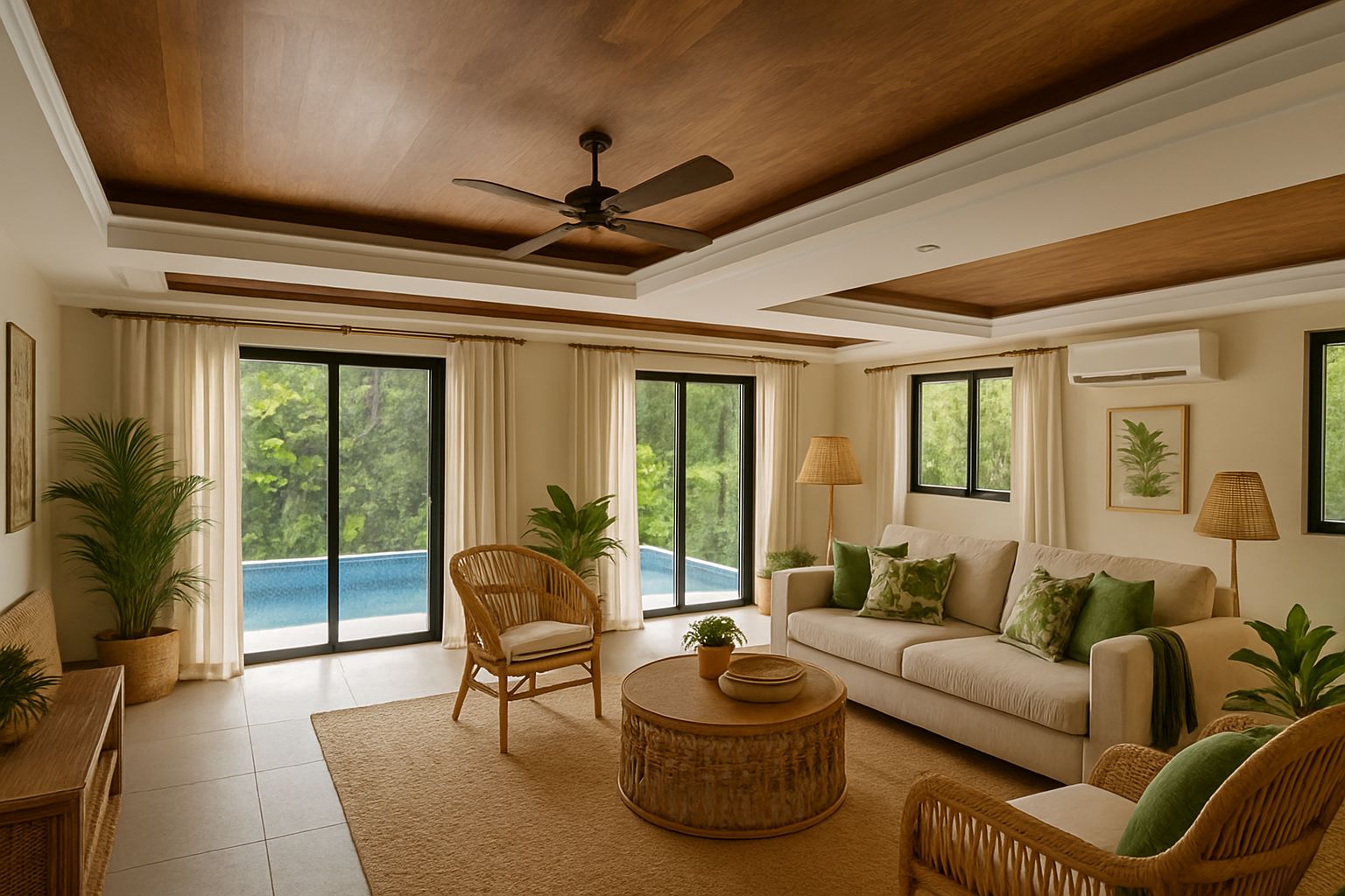 Artist's perspective — living area with tropical modern furnishings and pool view